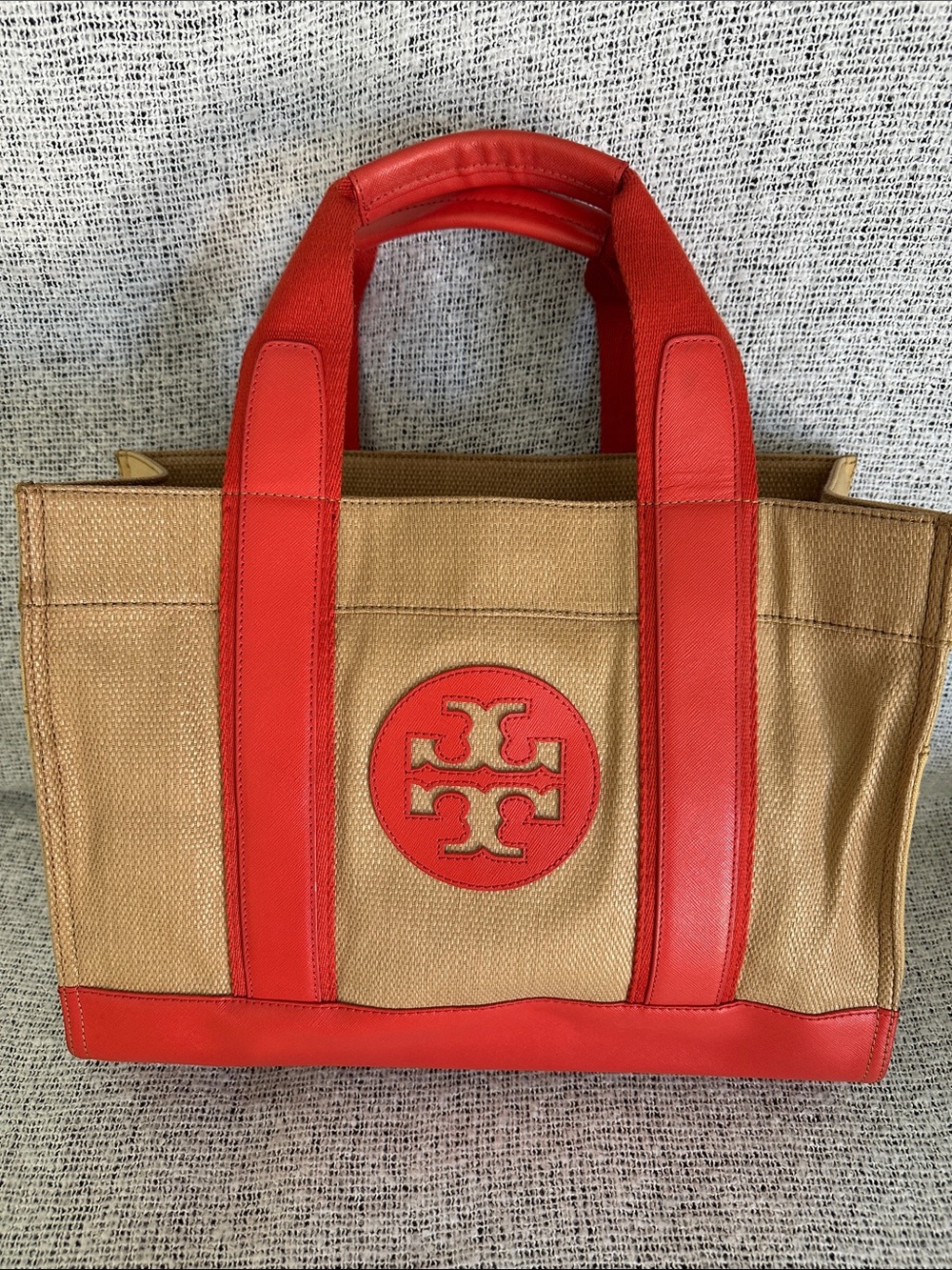 Tory Burch Tan Canvas Tote with Red Trim and Logo Patch